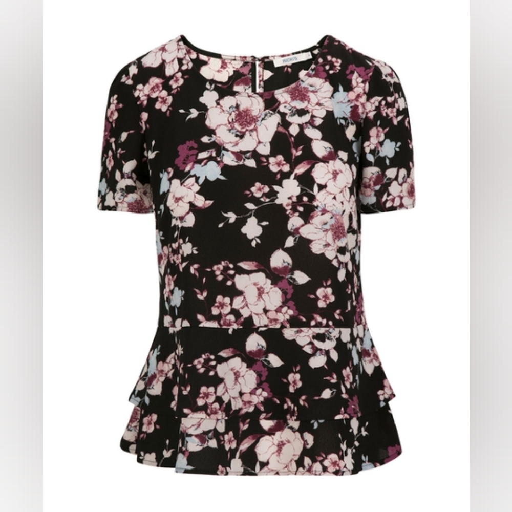 Rickis Floral Tiered Peplum Blouse Short Sleeve Keyhole Ruffled Top Size 2